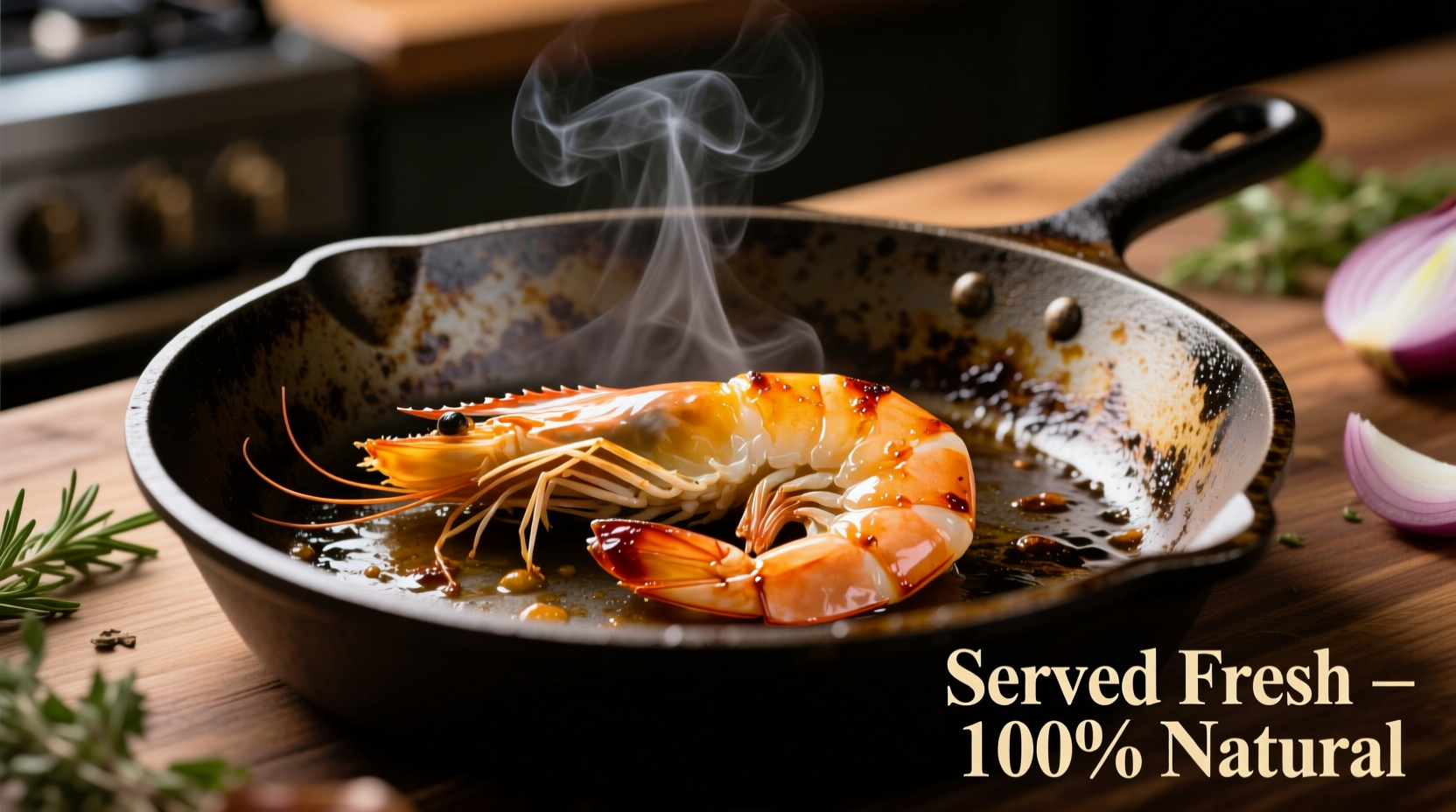 Perfectly cooked shrimp in cast iron skillet