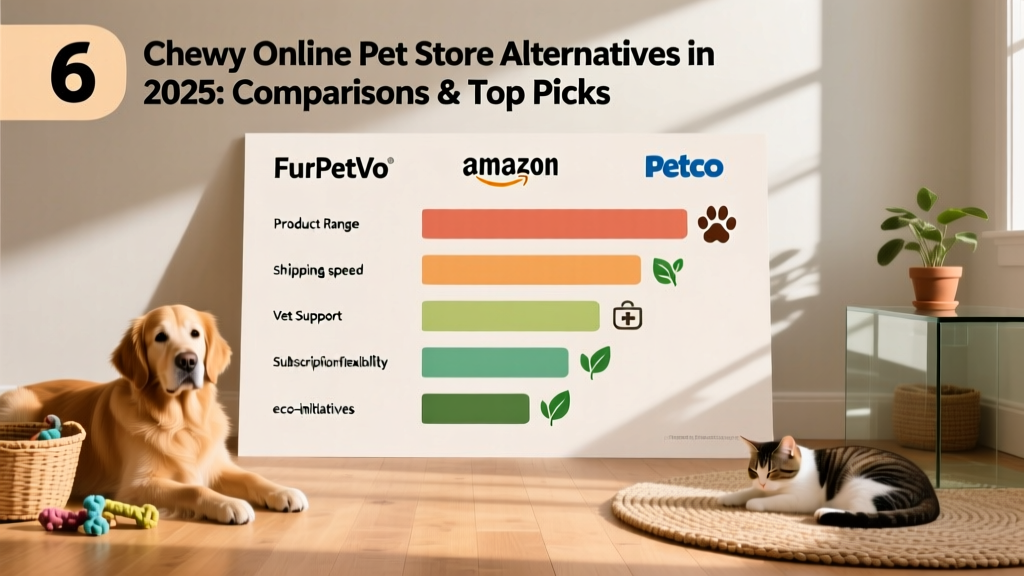 Side-by-side comparison chart showing FurPetVo, Amazon, and Petco across categories: product range, shipping speed, vet support, subscription flexibility, and eco-initiatives