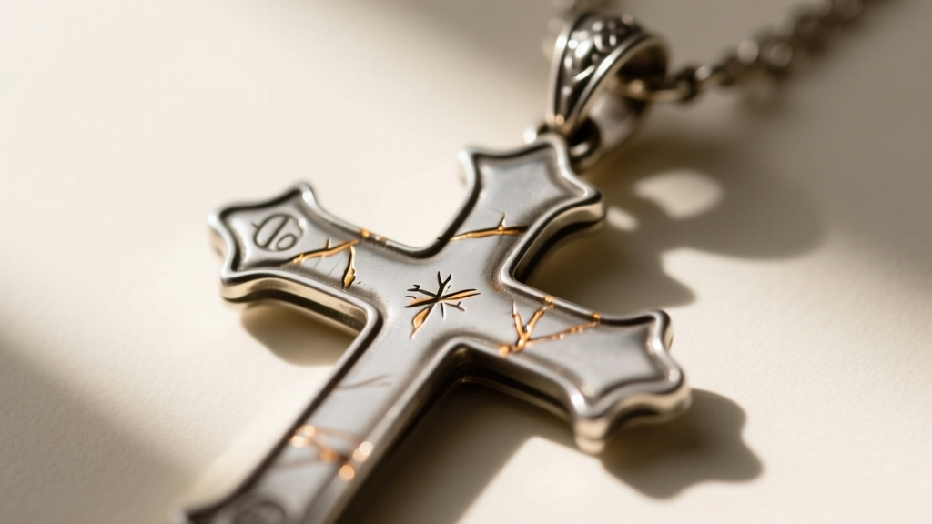Extreme close-up of an Edwardian platinum cross pendant bail revealing microscopic hallmarks and historical torch soldering marks.