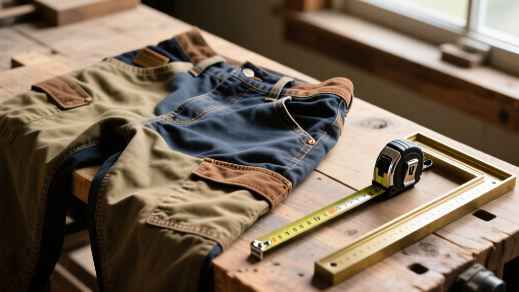 Close-up of heavy-duty canvas and ripstop construction work pants laid out on a wooden workbench alongside a tape measure and framing square