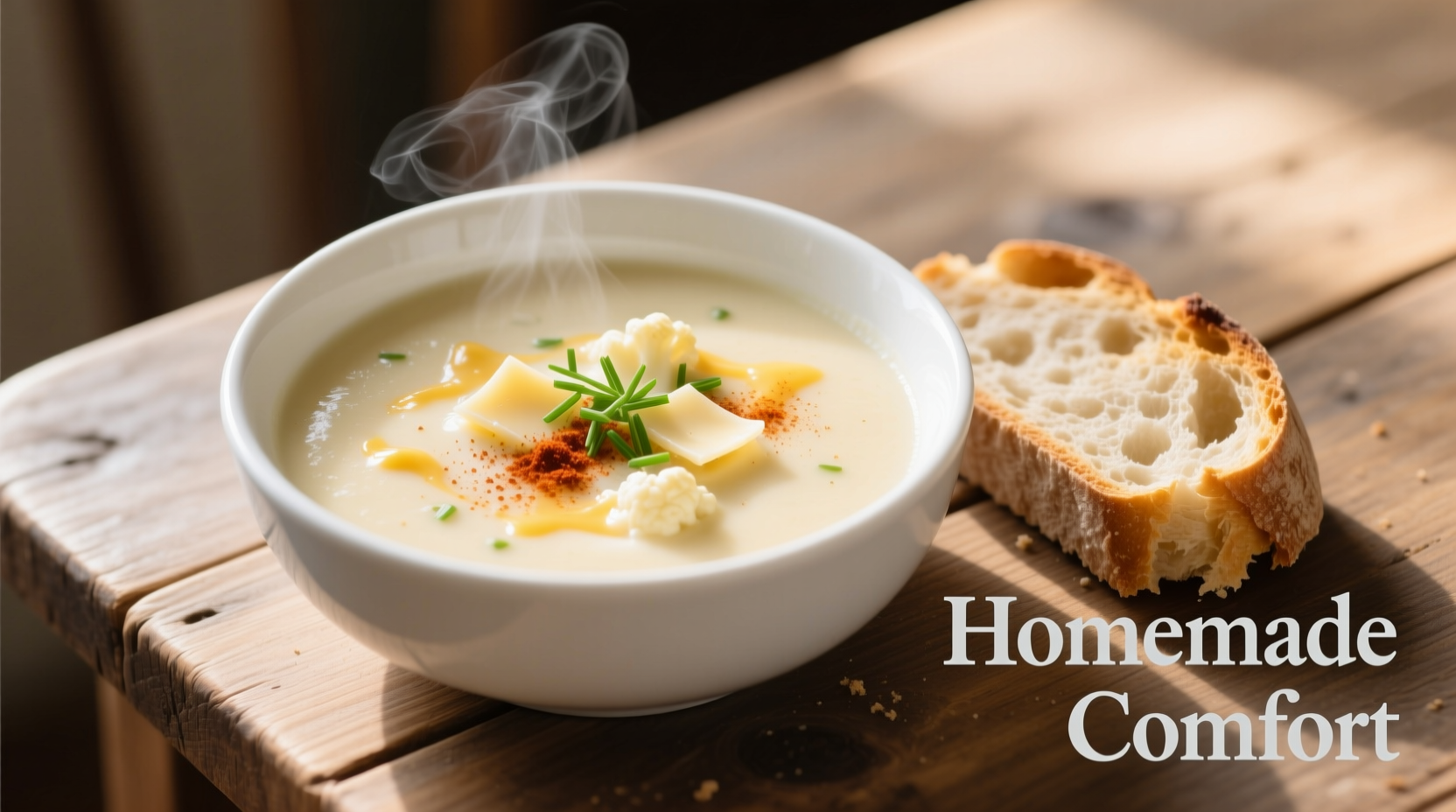 Creamy cheesy cauliflower soup in white bowl