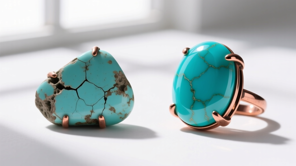 Side-by-side view of a porous turquoise cabochon in copper, one dull from acid damage, the other vibrant and properly maintained