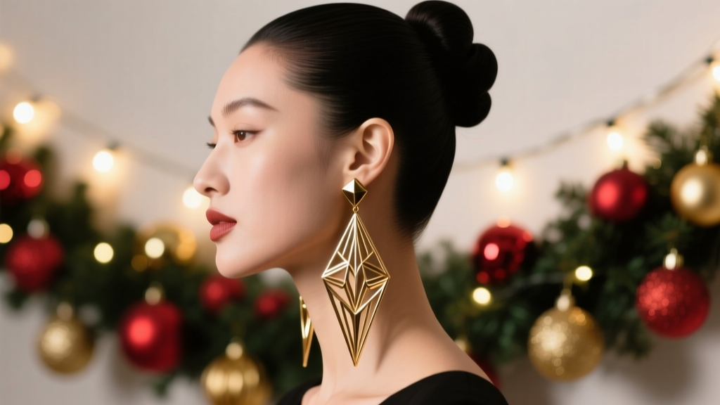 Side profile of a woman with an updo wearing long architectural brass earring drops against a blurred festive holiday background.