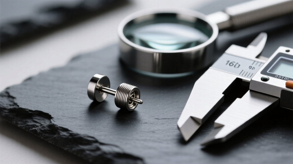 Close-up of an internally threaded 16g titanium earring post, resting on dark slate next to a jewelry loupe and digital calipers.