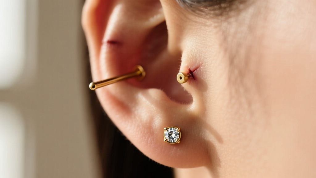 Side profile of a healed helix piercing showing a 16-gauge threadless 14k gold push-pin stud with a small bezel-set diamond gem