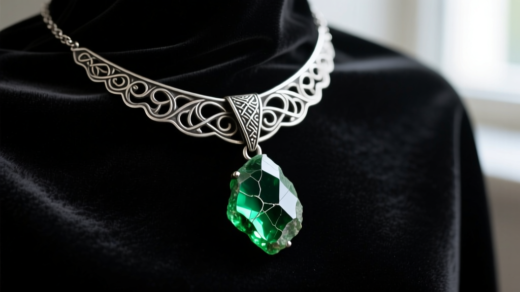 Close-up of an oxidized sterling silver witchcraft necklace featuring a raw moldavite pendant resting on dark velvet fabric.