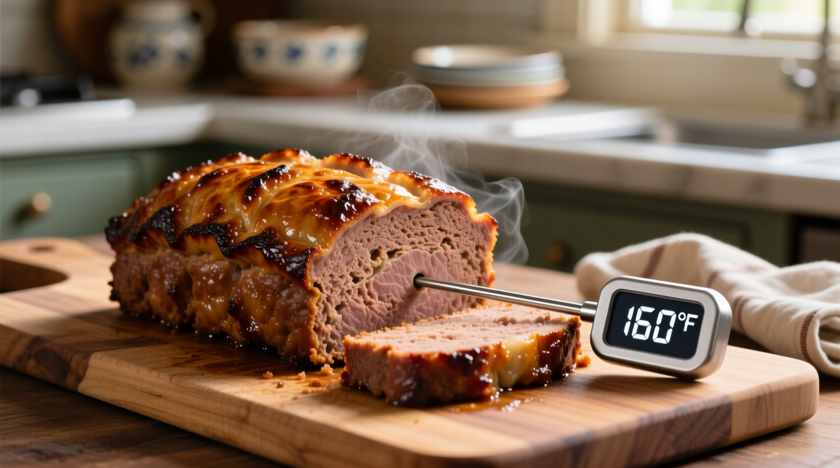 Perfectly cooked meatloaf with thermometer showing 160 degrees
