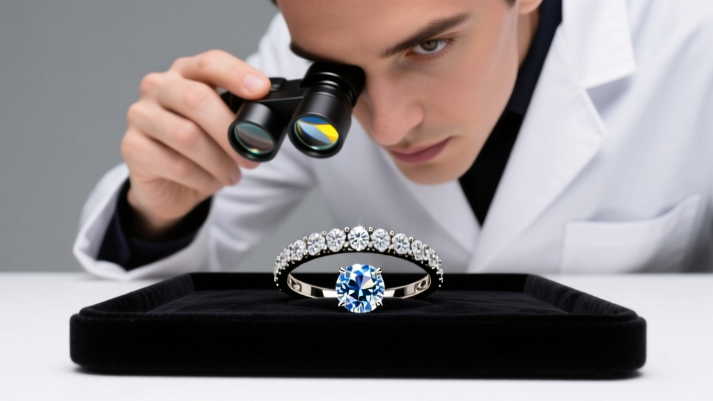Jeweler using a 10x triplet loupe to inspect loose melee diamonds in a Bogazy fine jewelry pavé band under bright LED lighting.