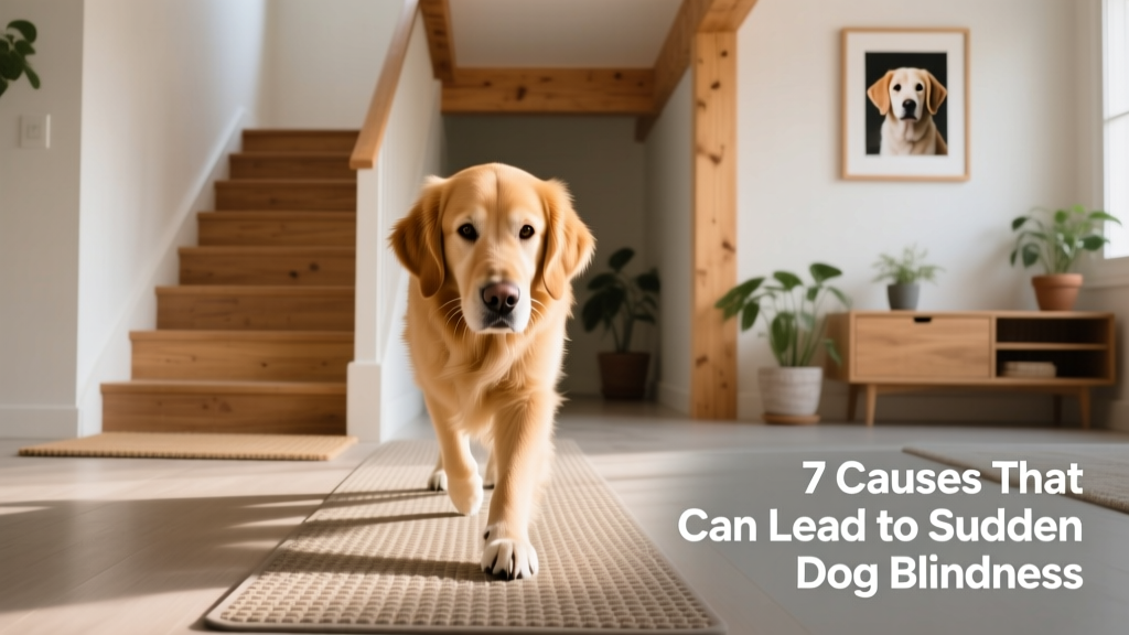 Blind-friendly home setup: textured floor mat near stairs, clear walkway, and a dog confidently navigating with nose and whiskers