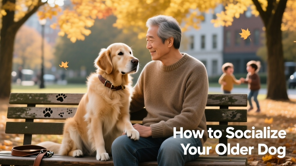 Senior golden retriever sitting calmly beside owner on a quiet park bench