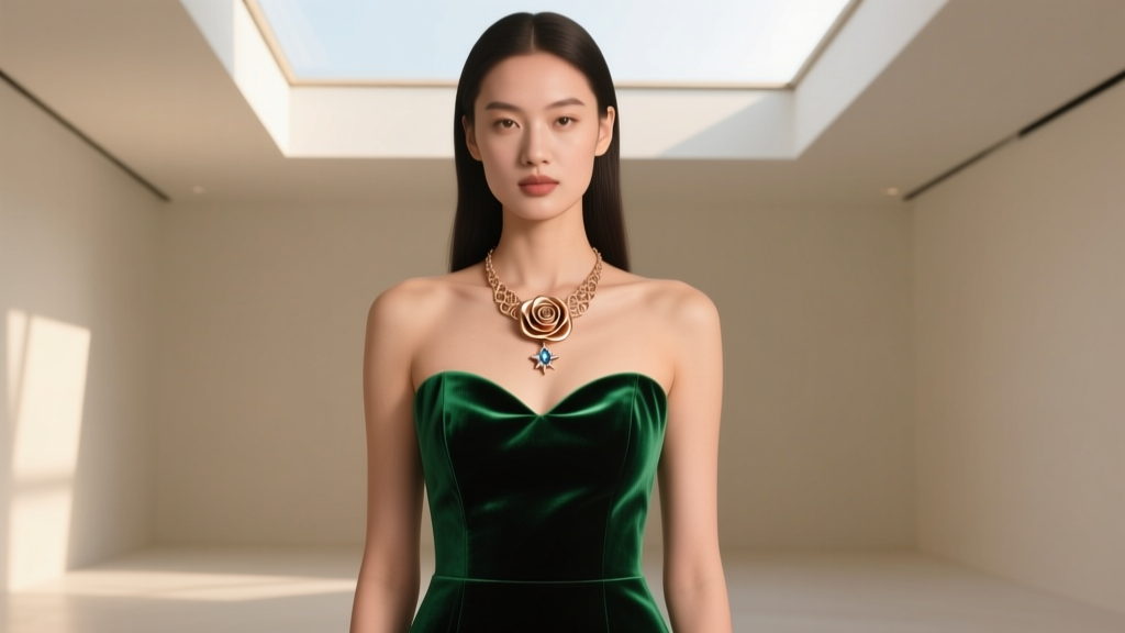 Model wearing an emerald velvet sweetheart neckline dress, styled with a delicate 16-inch rose gold Titanic rose pendant necklace.