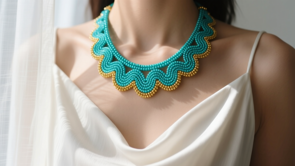 Close-up of a vibrant turquoise and gold seed bead crochet necklace draped over a white linen slip dress in soft natural sunlight