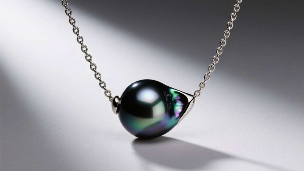 Asymmetrical Jacque Peterson pearl necklace with a large baroque Tahitian pearl on a matte brushed titanium chain, studio lighting