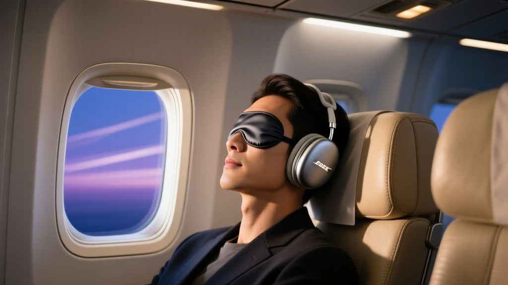 Passenger wearing Bose QuietComfort Ultra headphones while sleeping on a long-haul flight with dimmed cabin lighting and eye mask