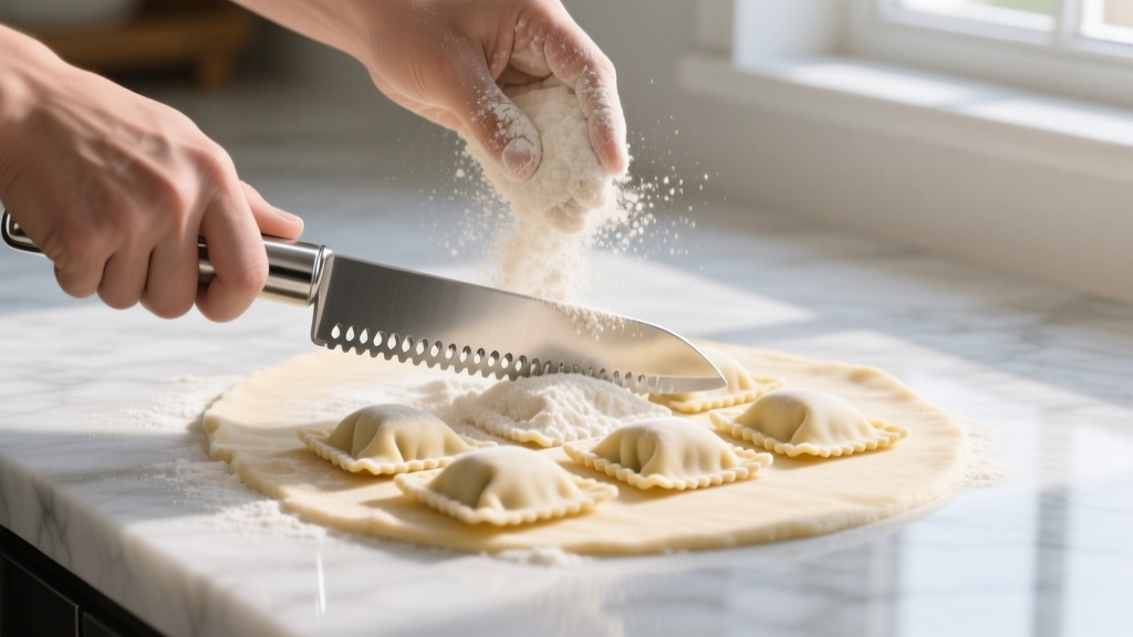 Hands dusting semolina flour over pasta dough on marble while using a stainless steel fluted pastry wheel to cut agnolotti squares