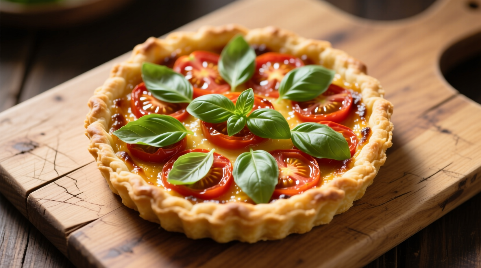 Golden tomato tarte with basil garnish on wooden board