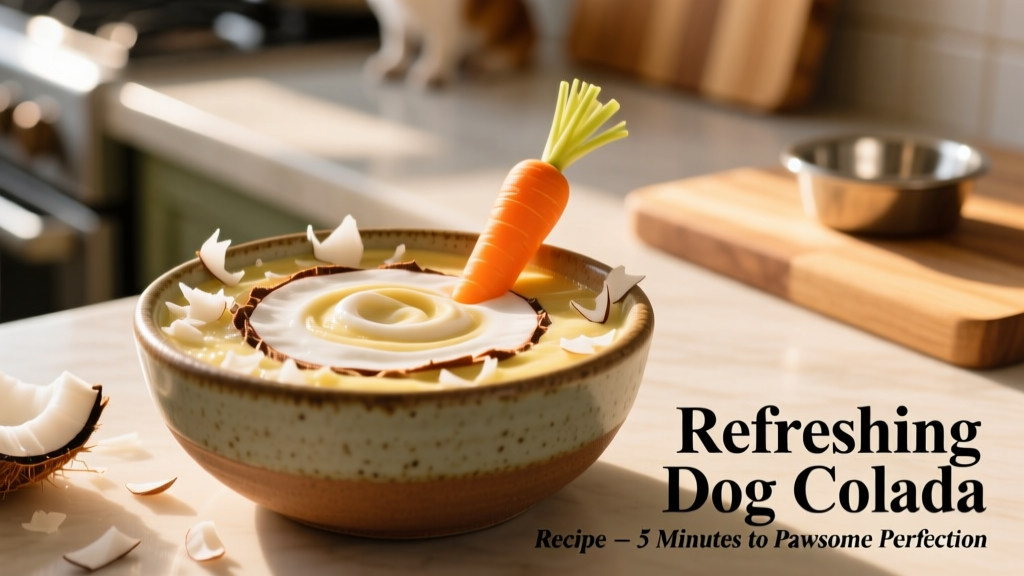 Close-up of a finished dog colada in a bowl with bone-shaped carrot garnish and coconut flakes