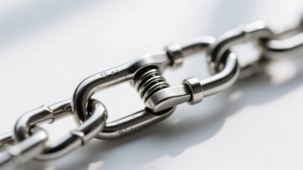 Extreme close-up macro photography of a 2.0mm surgical steel box chain clasp, highlighting the secure lobster closure mechanism.