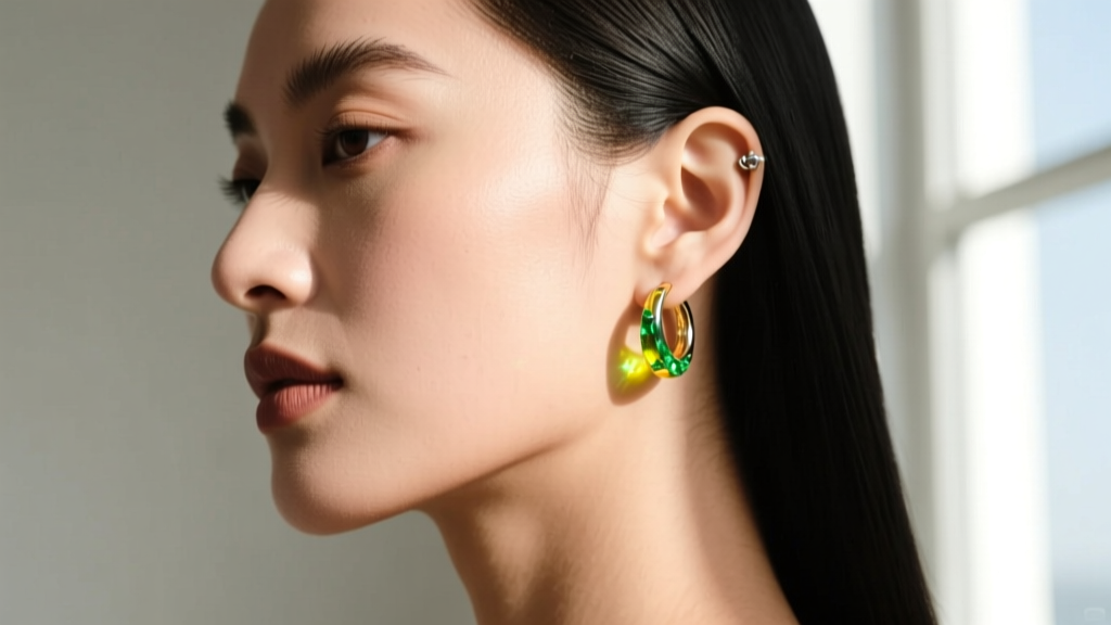 Side profile of a woman wearing peridot huggie hoops on an 18-gauge upper lobe piercing, daylight highlighting yellow-green hues