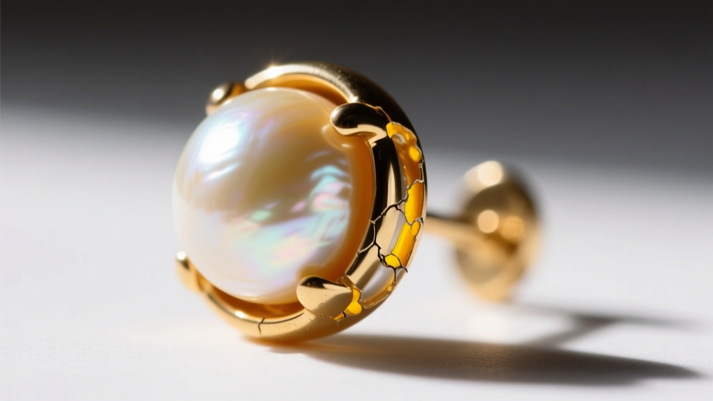 Macro view of vintage mabe pearl earring seam showing epoxy yellowing and early delamination near a 14k gold bezel setting edge.