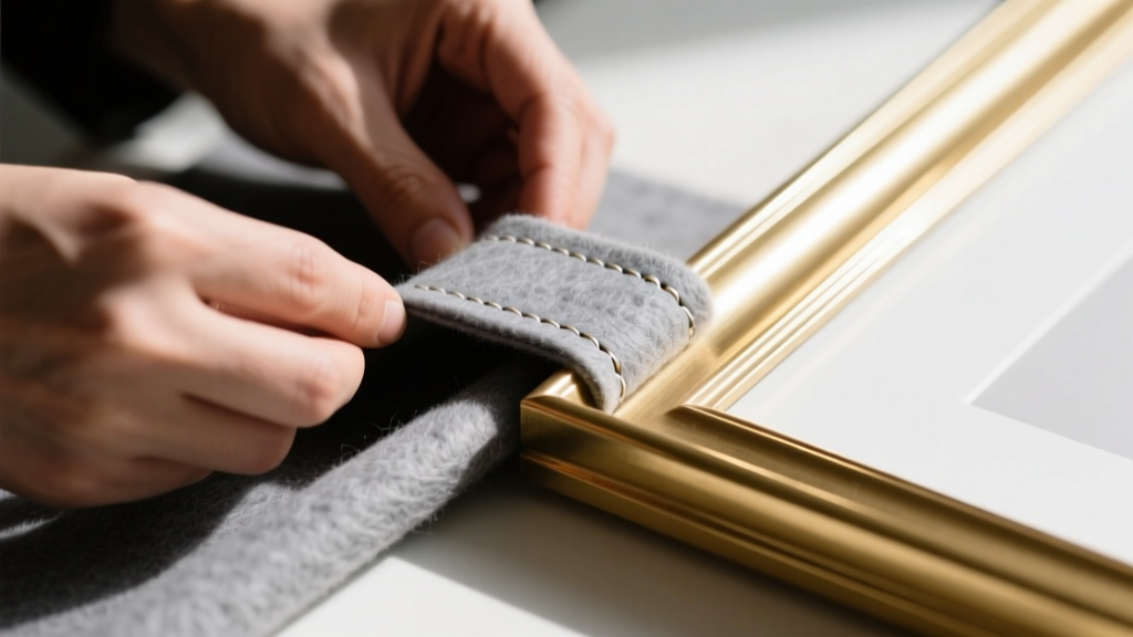 Close-up of hands wrapping grey anti-tarnish felt around a brass frame corner, securing the fabric tightly with hidden stitches.