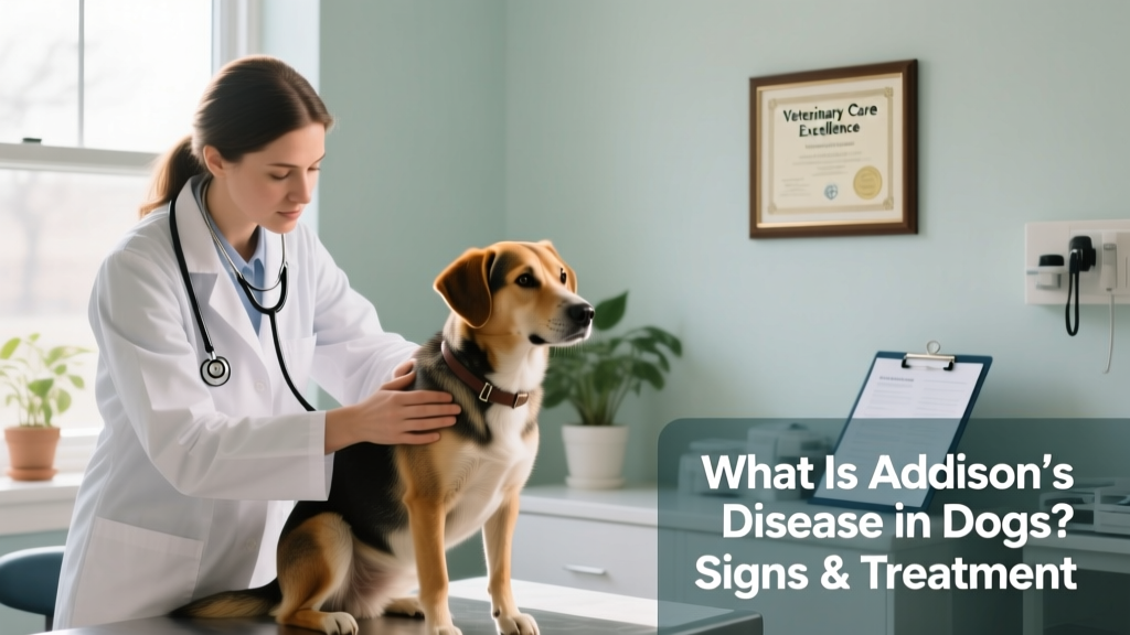 Veterinarian examining a calm, medium-sized dog during a routine checkup, with stethoscope visible