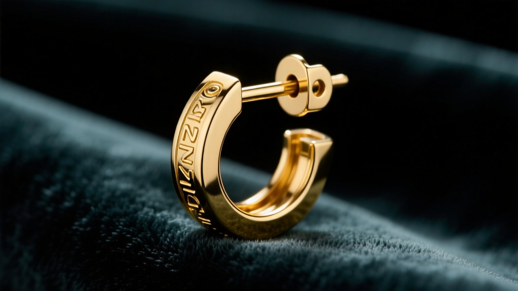 14k gold push back earring back sliding onto a notched 20-gauge post, lit by soft studio lighting on a dark velvet cloth.