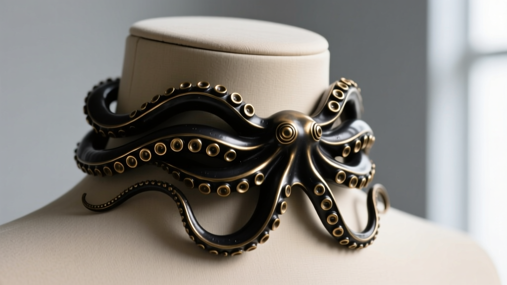 Macro shot of a blackened brass tentacle choker on a mannequin, showing intricate suction cup textures and a dark matte finish.