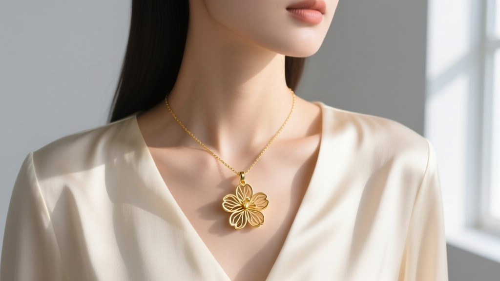 Woman wearing a gold cherry blossom pendant over a cream blouse, highlighting intricate petal details in soft natural light