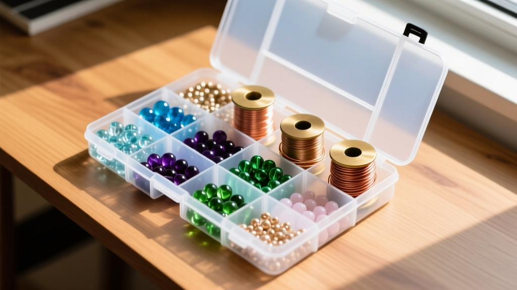 Overhead shot of a polypropylene tackle box jewelry making organizer holding sorted glass beads and copper wire on a wooden desk