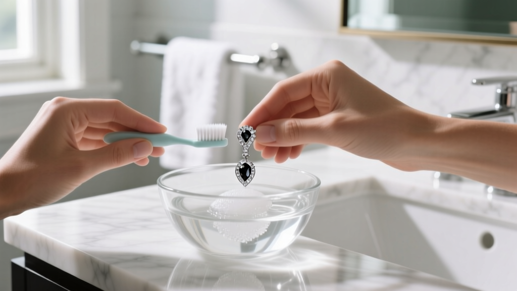 Hands gently cleaning a diamond wishbone earring with a soft baby toothbrush and soapy water in a glass bowl on a marble vanity.