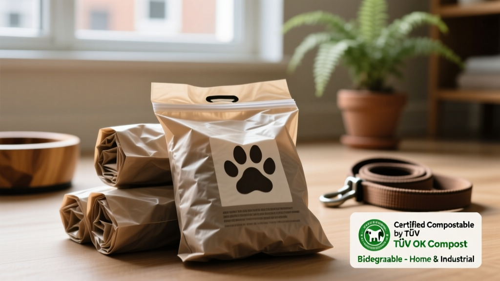 Close-up of biodegradable and compostable poop bags with certification labels visible