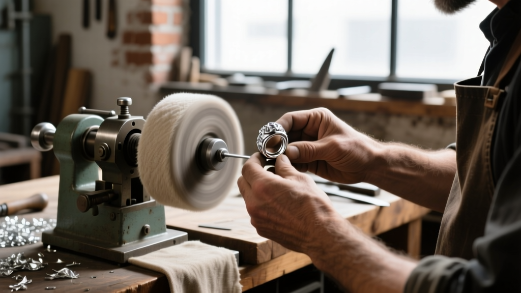 Silversmith holding a sterling silver ring against a spinning muslin buffing wheel on a polishing lathe in a workshop