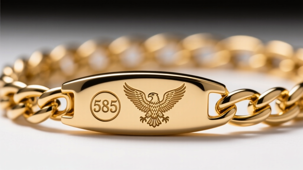 Extreme close-up of a laser-engraved 585 hallmark and Turkish eagle stamp on the back of a 14k gold figaro chain link.
