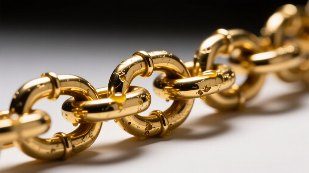 Macro photography of a complex Byzantine gold chain link structure with visible sebum buildup in crevices, lit by a harsh LED light