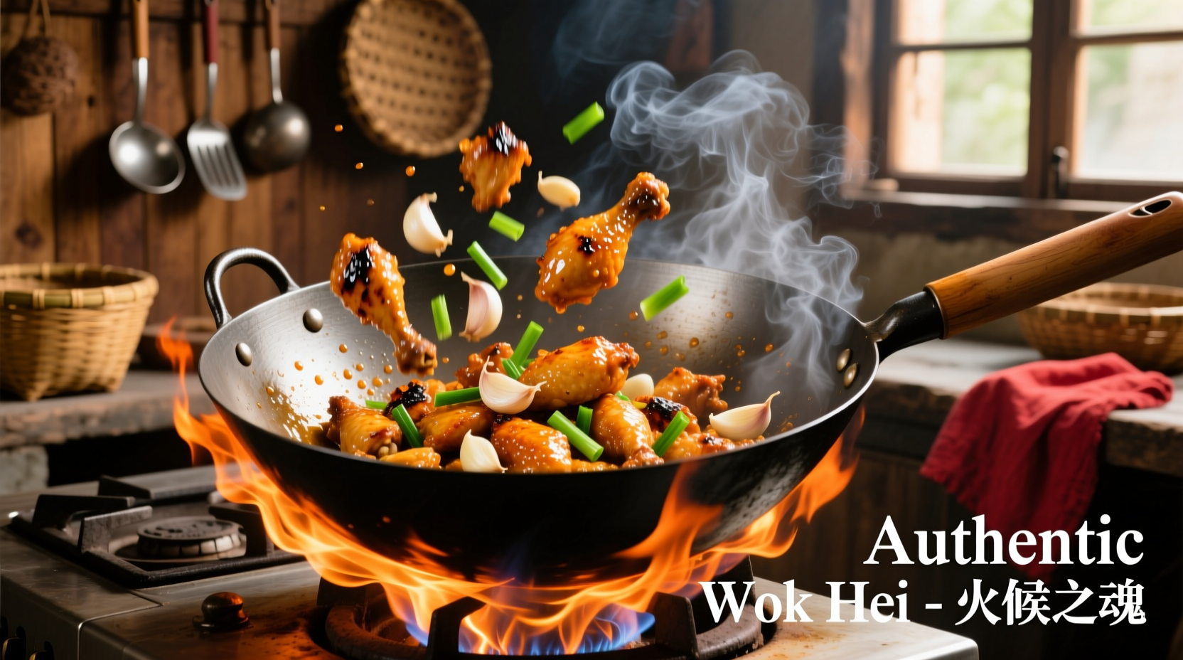 Stir-frying Chinese garlic chicken in a traditional wok