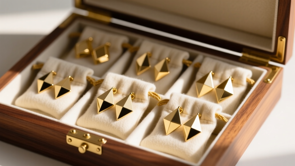 Individual anti-tarnish flannel pouches holding chunky geometric gold earrings, stored neatly inside a lined wooden jewelry box.