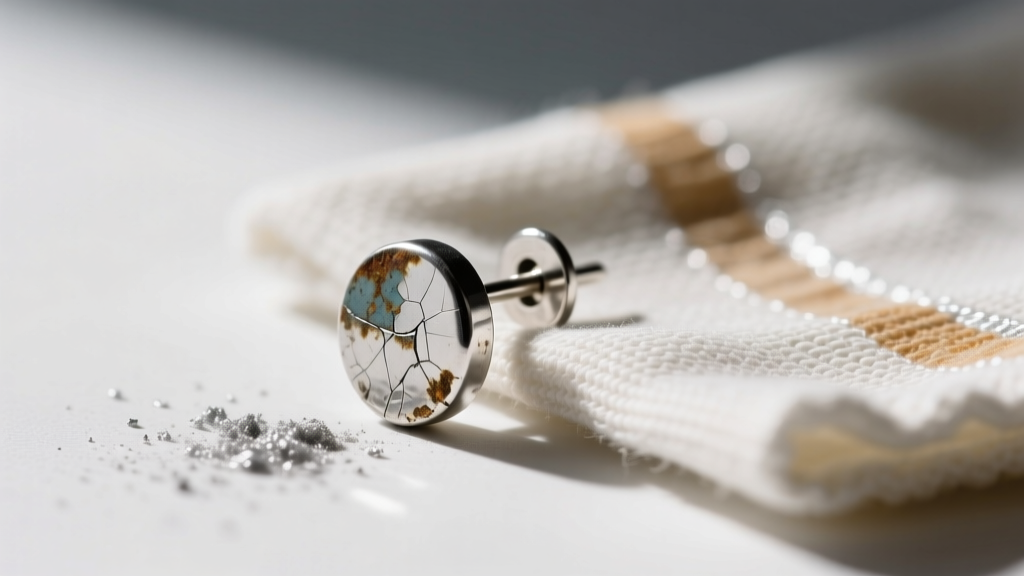 Macro shot of a tarnished 20-gauge sterling silver earring post beside a polishing cloth, showing oxidation removal in progress.
