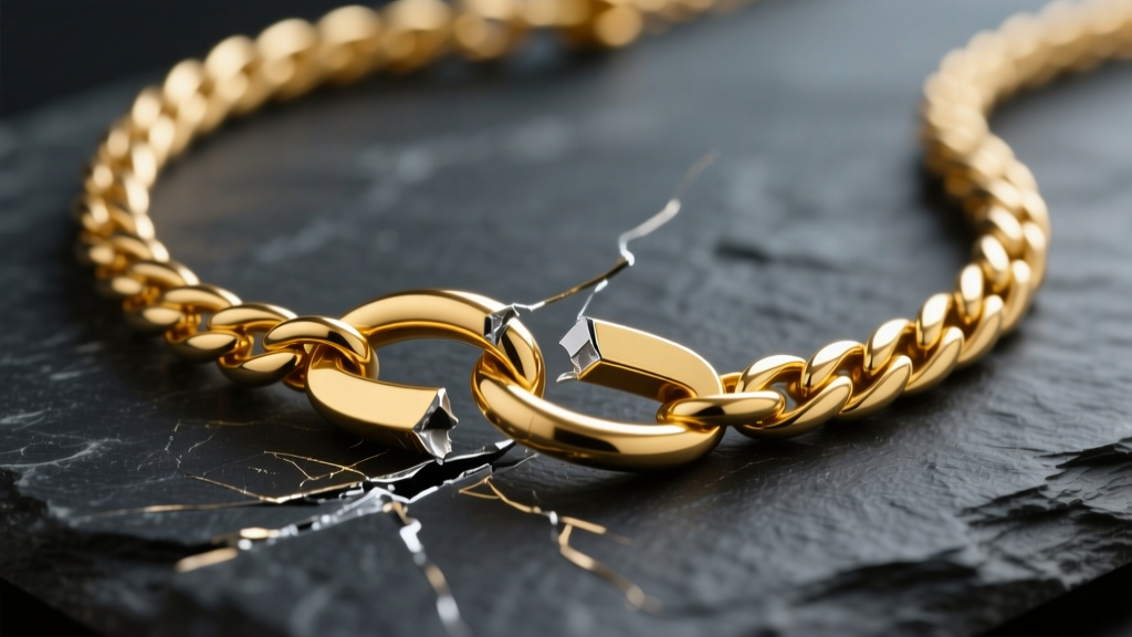 Macro photo of a broken 14k yellow gold herringbone necklace on dark slate, highlighting a severe kink and separated flat links