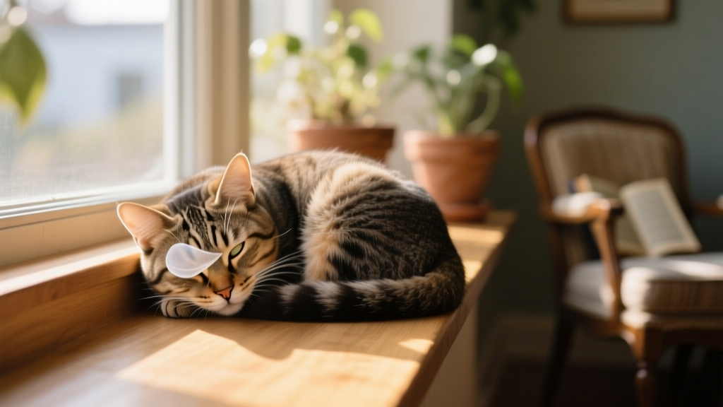 Cat curled up sleeping, third eyelid visible as a faint white membrane covering part of the eye