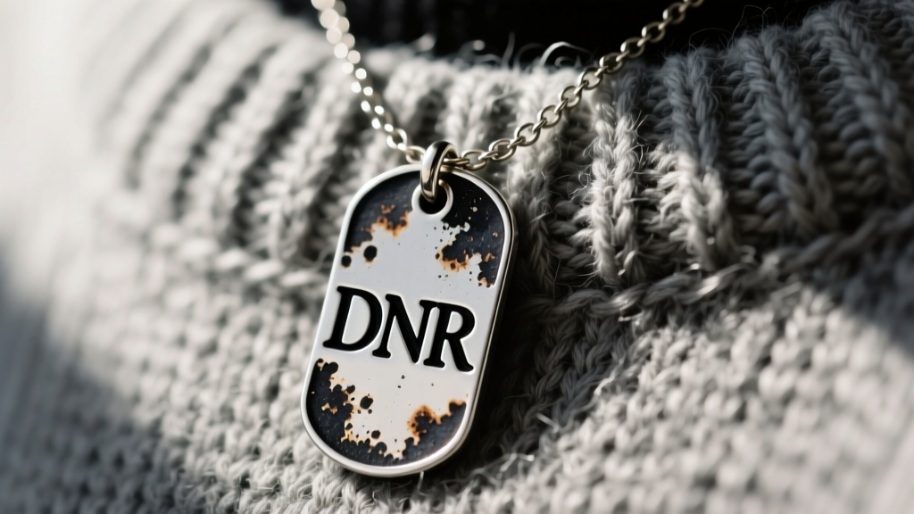 Macro shot of an oxidized sterling silver DNR tag necklace with black enamel lettering, draped over a distressed grey knit sweater