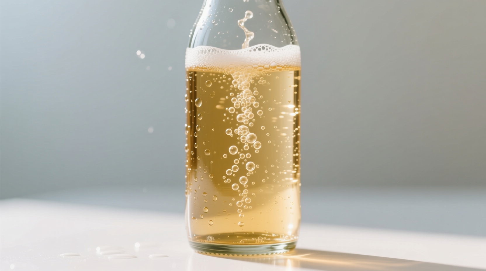 Clear glass bottle of ginger ale with bubbles rising
