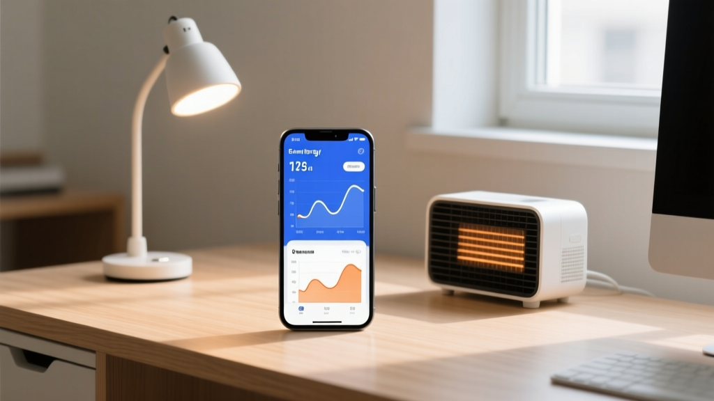 Smartphone screen displaying the Kasa app energy monitoring dashboard for a home office desk lamp and space heater setup
