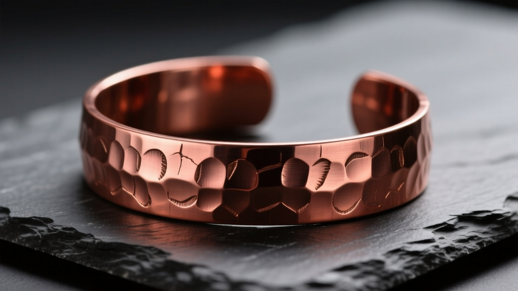Close-up of a hammered pure copper cuff bracelet on dark slate, showing warm reddish-brown tones under soft studio lighting.