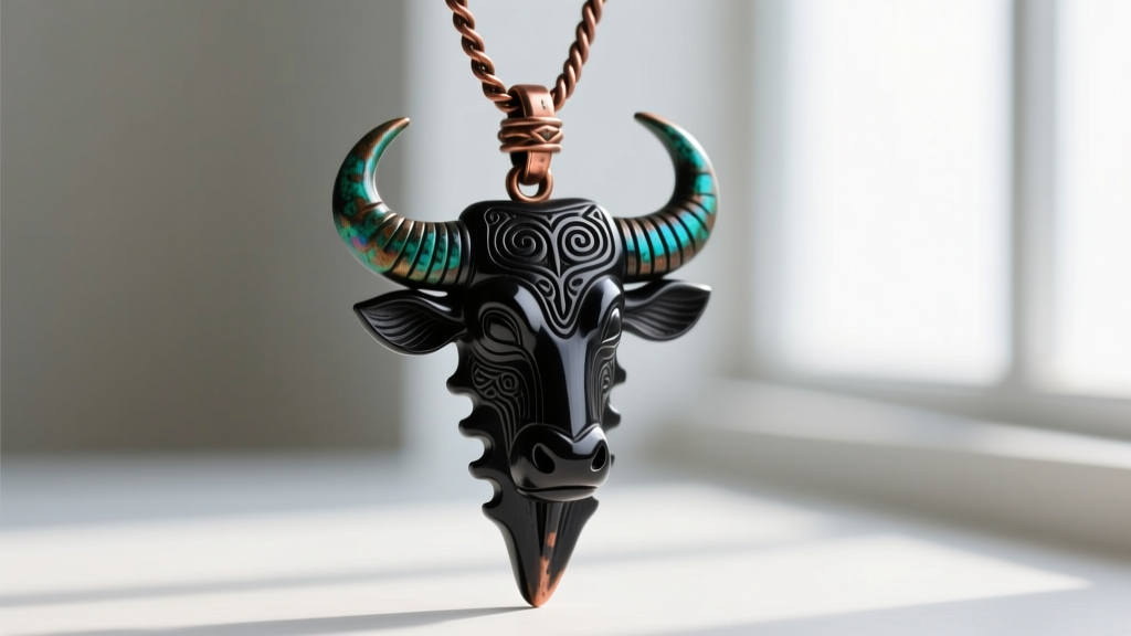 Carved water buffalo bone pendant shaped like a dragon vertebra, dyed obsidian black, hanging from an oxidized copper rope chain.
