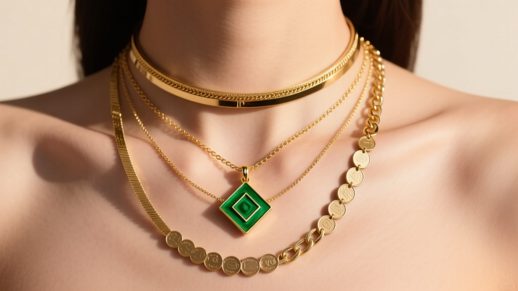 Neckline displaying a layered gold stack with a 14-inch choker, a 16-inch green enamel pendant, and an 18-inch matte coin chain.