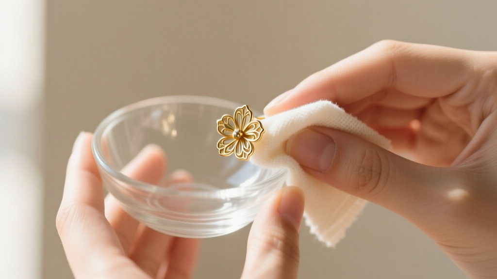 Hands holding a small glass bowl and microfiber cloth, gently polishing a delicate tiny floral gold-plated brass stud earring.