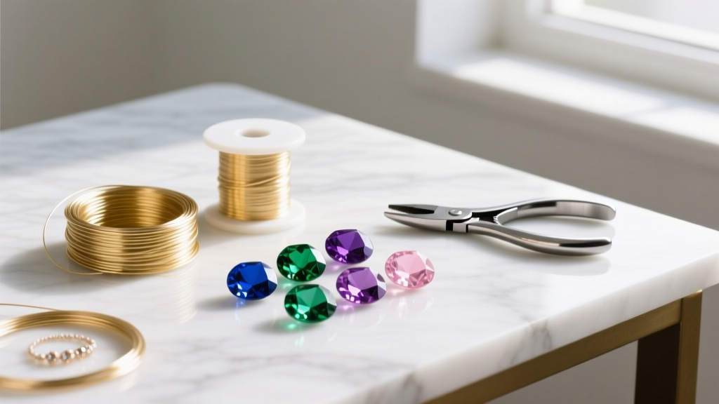Spools of gold-filled wire, gemstone beads, and flush cutters arranged neatly on a bright white marble jewelry crafting desk