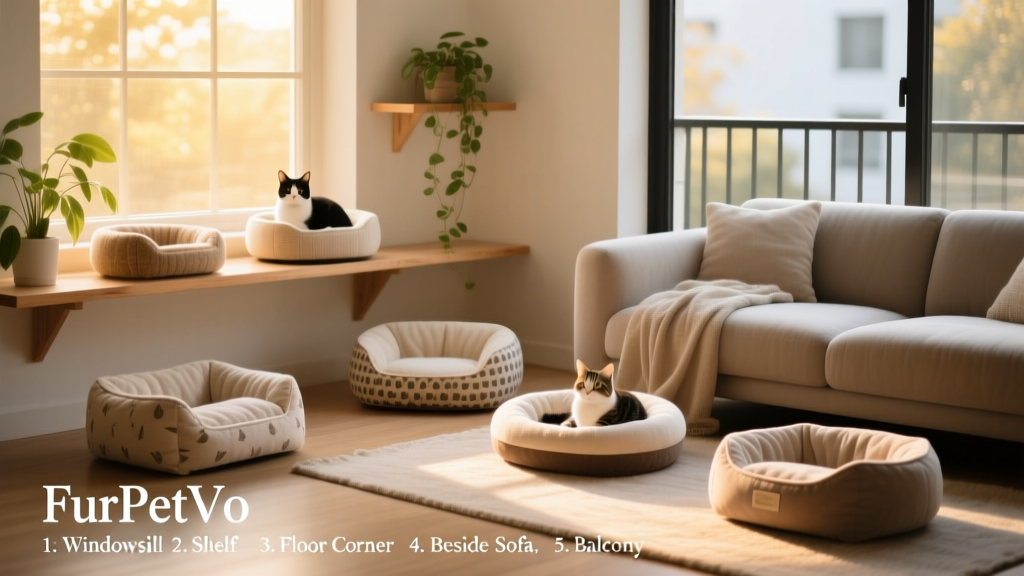 A variety of FurPetVo cat beds arranged in different ideal locations: windowsill, shelf, floor corner, and beside a sofa