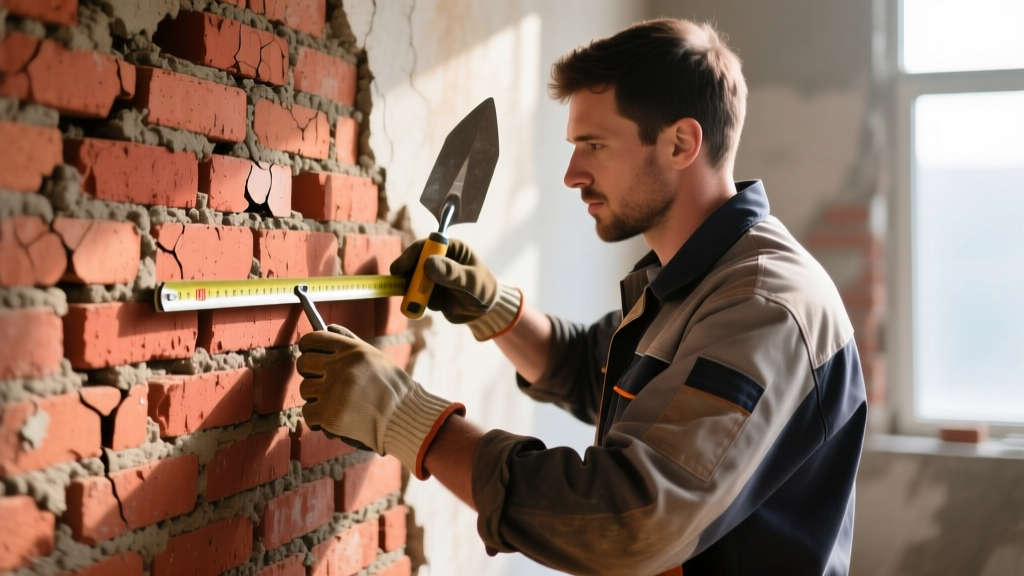 Mason inspecting a weathered red clay brick wall with a tape measure and trowel, assessing structural load and mortar joint integrity during repair